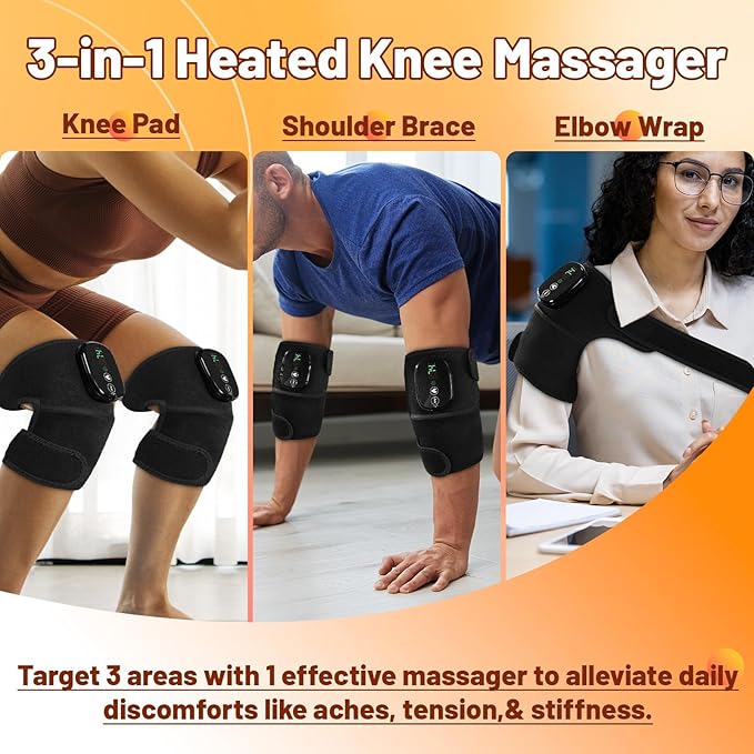 Heated Knee Massager with Heat & Vibration,3 in 1 Shoulder & Elbow Pain Relief,Cordless Rechargeable Brace Wrap for Men Women,Heating Pad with Extra Long Elastic Knee Wrap(5000mAh x 2) - Bloomnest