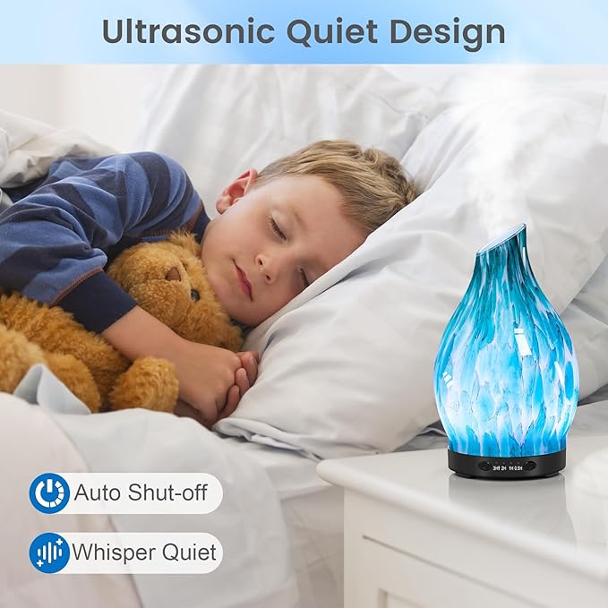 Essential Oil Diffuser, 120ML Glass Aromatherapy Diffuser with Auto Shut-Off and 7 Color LED Lights, Ultrasonic Mist Humidifier with 4 Timer for Home Office Bedroom (Blue Mountain) - Bloomnest