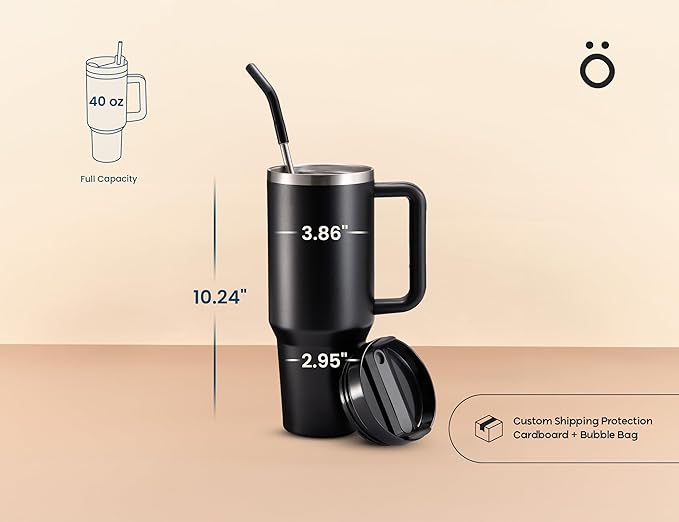 Kook Stainless Steel Tumbler, with Straw and Handle, Leakproof, Vacuum Insulated Travel Coffee Mug, Reusable Double Walled Water Bottle, Keeps Hot or Cold, 40 oz, Black - Bloomnest