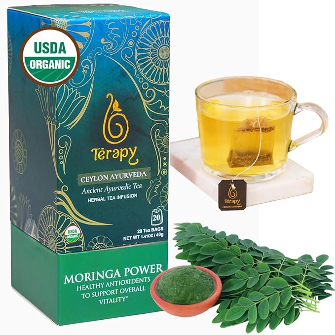Térapy Ceylon Organic MORINGA TEA | USDA Organic Herbal Tea Bags| Helps with Vitality & Antioxidants | 100% Natural Ayurvedic Ingredients | 20 Individually Wrapped Tea Bags - Bloomnest