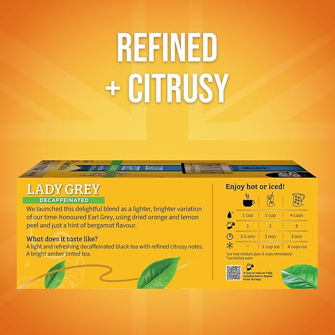 Twinings Decaffeinated Lady Grey Black Tea Individually Wrapped Bags, 100 Count (Pack of 1), Orange Peel & Lemon Peel, Fresh and Uplifting, Caffeinated, Enjoy Hot or Iced, 100 Teabags