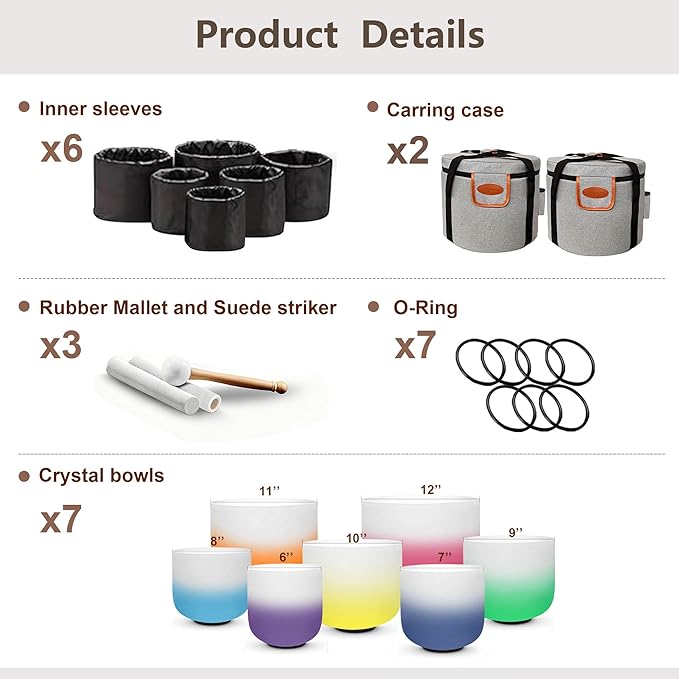 RYAN DVAN 432hz 6-12 Inch Set of 7 Pcs Gradient Design Quartz Crystal Singing Bowl Chakra Set Sound Therapy for Yoga, Reiki, Chakra Healing Energy Tuning & Mindfulness Kit - Bloomnest