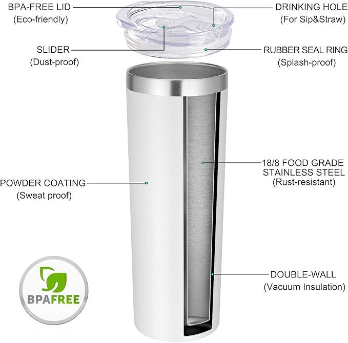 VEGOND Stainless Steel Skinny Tumbler, 20 oz Vacuum Insulated Tumbler with Lid and Straw, Double Wall Coffee Cup, Travel Mug for Cold Hot Drinks, White 1 Pack - Bloomnest