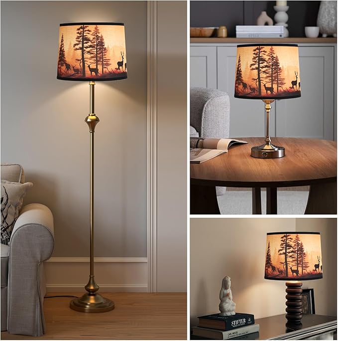 Rustic Deer Printed Large Drum Lamp Shades Set of 2. Easy Assembly.11.4"x13"x10" Barrel Brown Lamp Shade For Cabin Lodge Decoration.Replacement Lamp Shades For Table Lamps(Sipder Model) - Bloomnest