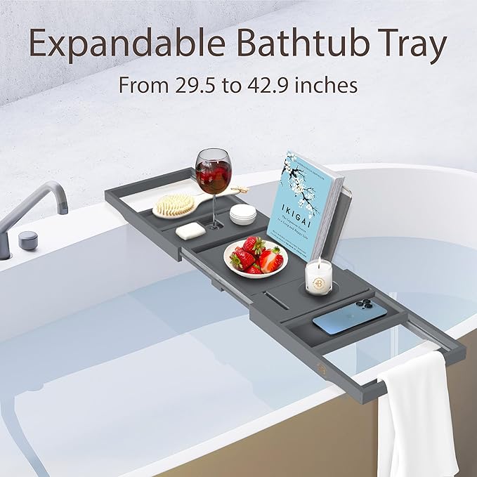 Wooden Bathtub Tray - Foldable & Expandable Bamboo Bath Tray for Tub with Wine Holder, Book & Tablet Stand - Bath Caddy Tray for Bathtub, Spa Bath Accessories, Tub Tray Table, Gift Idea for Her (Gray) - Bloomnest