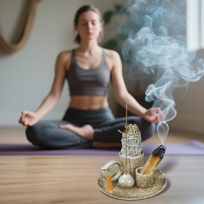 5.1Inch 5-in-1 Ceramic Smudge Bowl Brown - Incense Stick Holder, Small Candle Holder, Smudge Bowl/Dish, Fits Palo Santo, Sage.Zen Altar for Meditation/Yoga, Aromatic Scents, Easy to Clean - Bloomnest