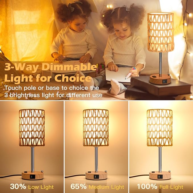 Rattan Table Lamps for Living Room, 3 Way Dimmable Touch Lamps, Small Bedside Lamps with LED Bulbs, Phone Stand, USB Ports and AC Outlet, Boho Nightstand Lamp for Bedroom Office (2 Pack Faux Wood) - Bloomnest