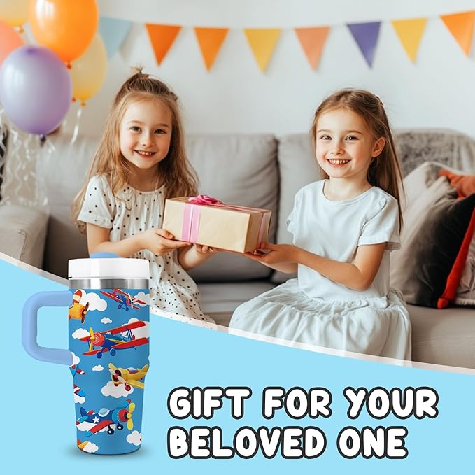 Airplane Gifts for Boys - 14oz Blue Kids Helicopter Airplane Tumbler with Handle and Straw, Stainless Steel Insulated Water Cup, for Sport, School - Airplane Themed Children Birthday Gifts Cup(1pc) - Bloomnest