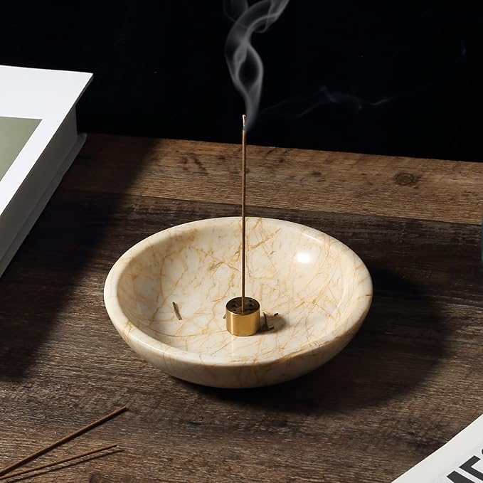 Koville Natural Marble Incense Holder, Incense Holder for Sticks with 9 Holes, Handmade Incense Burner Ash Catcher for Meditation Yoga SPA, Balsam Fir/Palo Santo/Sage/Cone (Gold) - Bloomnest