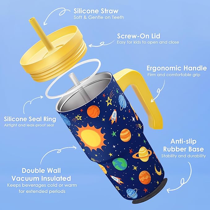 Outer Space Tumbler 20oz with Handle and Silicone Straw Lid for Kid, Insulated Stainless Steel Cup, Gift for Kids Boys, Gifts Idea for Birthday Christmas Back to School - Bloomnest