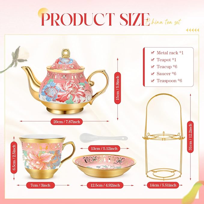 20 Pcs Porcelain Tea Set for Adults with Metal Holder and Spoon European Ceramic Tea Party Set Flower Painting Teapot Cup Saucer for Christmas Women Gifts, Serving 6 People(Fresh) - Bloomnest