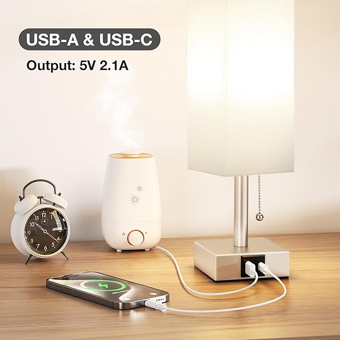 aooshine White Small Table Lamp for Bedroom - 3 Color Temperature 3000K 5000K 4000K Bedside Lamp, Pull Chain Control, USB A and C Ports, Light Gold Base, Bulb Included - Bloomnest