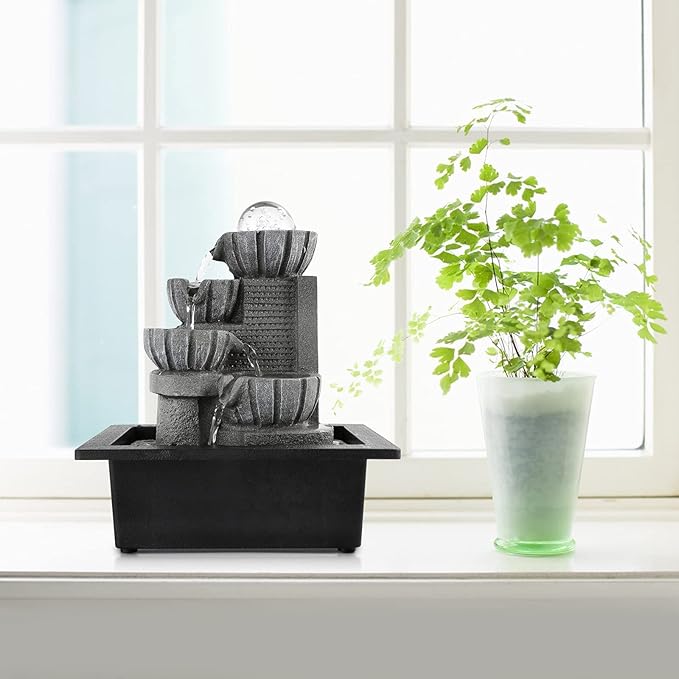 Dyna-Living Water Fountains Indoor Tabletop Water Fountain with LED Rolling Ball Feng Shui Waterfall Fountain for Modern Home Decor Office Living Room Decoration