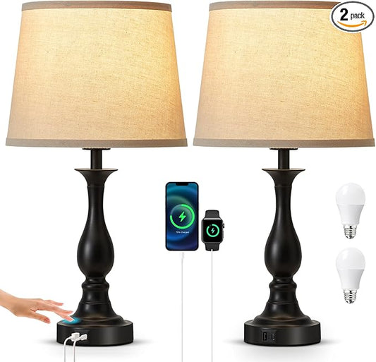 Bedside Table Lamp Touch Control Bedroom Lamps with USB A and C Charging Port 3 Way Dimmable Touch Lamps for Nightstand Living Room Bedroom Dorm Home Office Reading, Set of 2 - Bloomnest