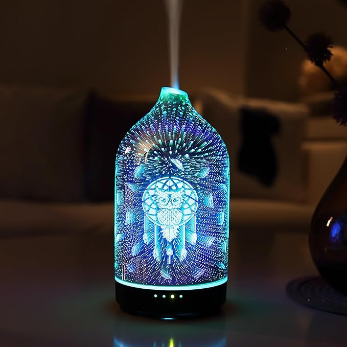 3D Glass owl Aromatherapy Diffuser 160ml ultrasonic Cool Mist Scent Aroma Essential Oil Diffuser Humidifier with Intermittent Mist & LED 7 Colorful Changing Night Light for Bedroom Home inrorans