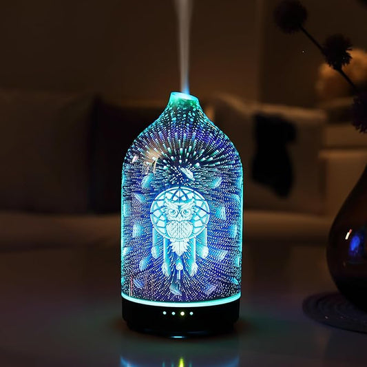 3D Glass owl Aromatherapy Diffuser 160ml ultrasonic Cool Mist Scent Aroma Essential Oil Diffuser Humidifier with Intermittent Mist & LED 7 Colorful Changing Night Light for Bedroom Home inrorans