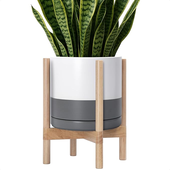 D'vine Dev Ceramic Planter with Natural Stand - 12 Inch Modern Round Flower Pot with Wood Planter Holder, White/Grey, 55-B-J-6 - Bloomnest