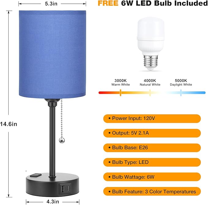 Blue Table Lamps 3 Color Temperatures - 3000K 4000K 5000K Bedside Lamps with USB C and A Ports, Pull Chain Lamps for Bedrooms with AC Outlet, Nightstand Lamps with Black Metal Base for Kids Boys - Bloomnest