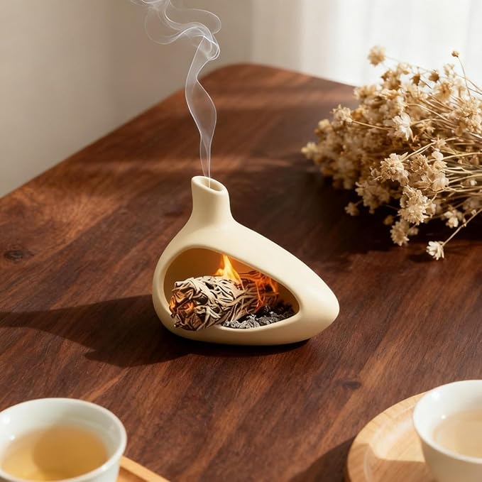 Palo Santo Holder, Ceramic Incense Burner for Sticks Sage Holders Cone Burning Smudge Bowl with Ash Brush for Meditation Yoga Spa Room Decor (Yellow) - Bloomnest