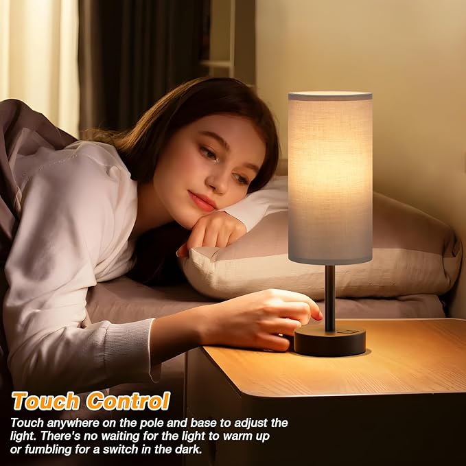 Dicoool Grey Touch Bedside Lamp with USB - 3 Way Dimmable Table Lamp for Bedroom, Nightstand Lamp with Black Charging Station for Desk Dorm, Office, Boy Kids Room, Small - Bloomnest