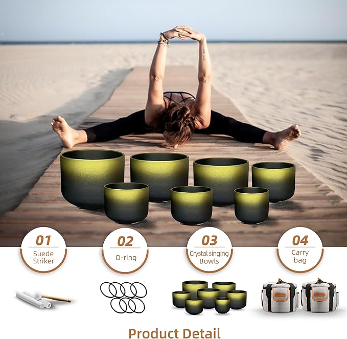 Ryan Dvan Crystal Singing Bowl Set 7-12 Inch, Black with Gold Frosted Quartz Sound Therapy Bowls with Mallets, O-Rings & 2 Carrying Cases — Chakra Healing, Reiki, Yoga, Meditation, Energy Balancing - Bloomnest