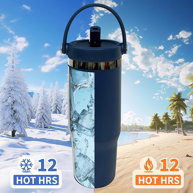 30 oz Tumbler with Handle, Double Wall Vacuum Insulated Tumblers with Flip Straw, Coffee Mug 30oz Powder Coated Cup for Hot and Cold Drinks(Black Plated, Navy,4 pack)