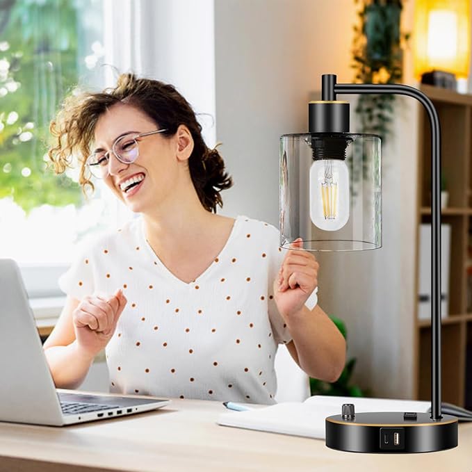 Set of 2 Black and Gold Industrial Table Lamps with USB Port, Fully Stepless Dimmable Bedside Lamps for bedrooms, Nightstand Desk Lamps with Clear Glass Shade for Reading Office 2 LED Bulb Included - Bloomnest