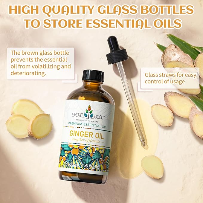 EVOKE OCCU 100% Pure Ginger Oil, Natural Ginger Essential Oil for Massage, Diffuser, Hair, Skin, DIY - 4 Fl Oz - Bloomnest