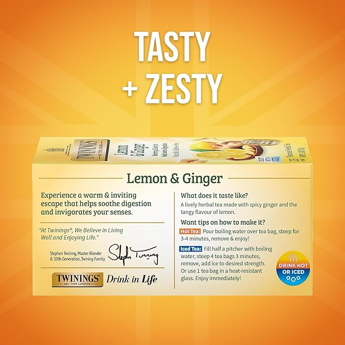 Twinings Lemon & Ginger Herbal Tea Individually Wrapped Bags, 25 Count (Pack of 6), Spicy Ginger, Lemon Peel, & Lemongrass, Naturally Caffeine-Free, Enjoy Hot or Iced, 150 Teabags - Bloomnest