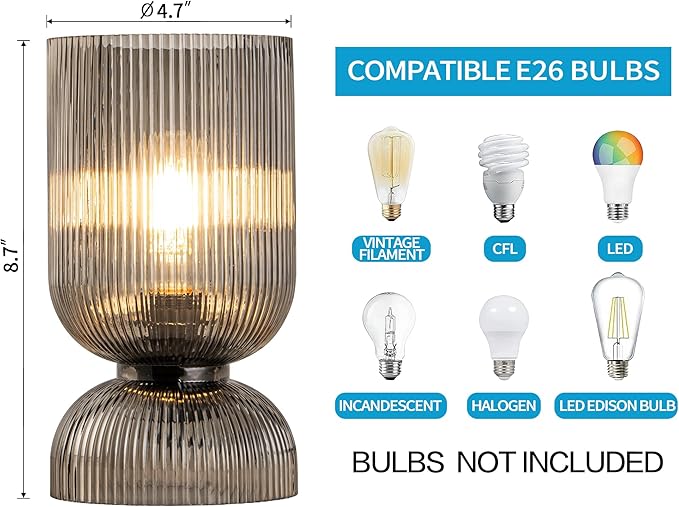 Modern Table Lamp,Glass Mid Century Lamp with Smoky Gray Glass Shade, Bedside Lamp with On/Off Switch, Minimalist Nightstand Lamp for Bedroom, Living Room, Office (Bulb not Included) - Bloomnest
