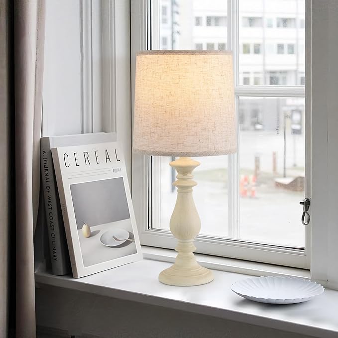 Lamps Set of 2 Vintage Rustic Farmhouse Table Lamps Bedside Reading Lamp Bedroom Nightstand Living Room Teapoy Lamp, Desk Light, 22 Inch High, White Wash, with Fabric Shade, Bulb Not Included - Bloomnest