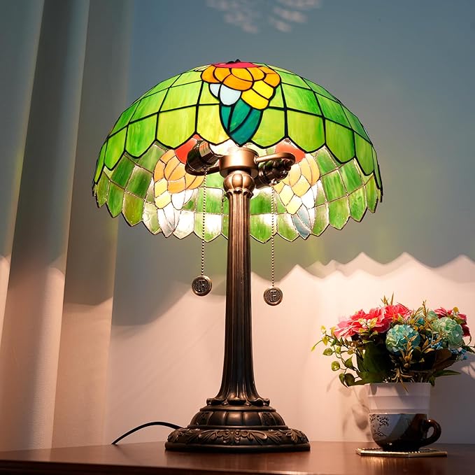 Tiffany Table Lamp Green Stained Glass Parrot Style Bedside Lamp 16X16X23 Inches Desk Decor Light Classic Farmhouse Reading Table Lamps for Home Office - Bloomnest