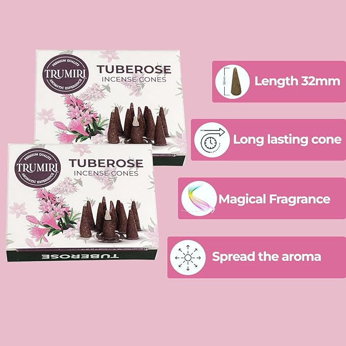 Tuberose Incense Cones - Total 20 Cone Incense - Dual Pack of 10 Insence Cones - Incense Cones Scented - Cone Incense Scents - Insense Cones - Incent Cone TRUMIRI