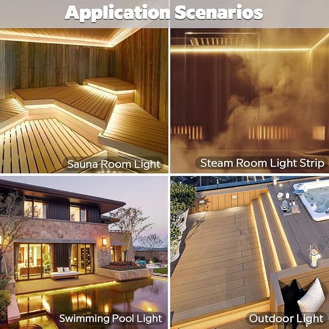 SuperlightingLED 24V 2700K Warm White Sauna Lights High Temperature LED Strip IP68 Waterproof, 5m/16.4ft 600 LEDs Flex Cuttable Rope Lights for Sauna, Bathroom, and Shower Niche (2700K Warm White)