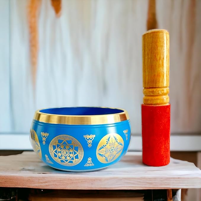 Nature's Own Tibetan Singing Bowl Set- Easy to Play- Meditation Sound Bowl Handcrafted in Nepal for Yoga, Mindfulness, Chakra Healing, Stress Relief- Spiritual Gifts for Women and Men (3.5 Inch, Blue) - Bloomnest