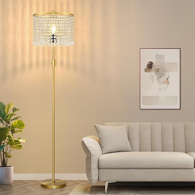 【Upgraded】 Dimmable Floor Lamps for Living Room, 1000LM LED Bulb Included, Standing Lamp with Crystal Lampshade, Tall Gold Pole Light for Bedroom Nursery Office Corner Reading - Bloomnest