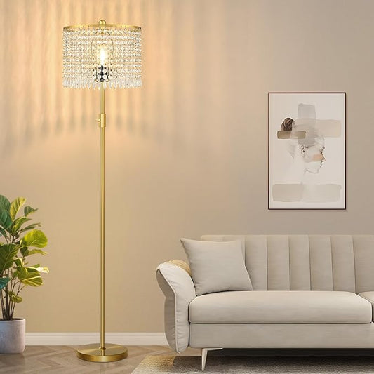 【Upgraded】 Dimmable Floor Lamps for Living Room, 1000LM LED Bulb Included, Standing Lamp with Crystal Lampshade, Tall Gold Pole Light for Bedroom Nursery Office Corner Reading - Bloomnest