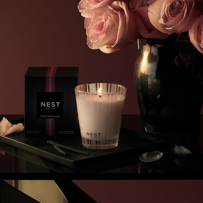 NEST New York Scented Classic Candle, Rose Noir & Oud - 8.1 oz - Up to 60-Hour Burn Time - Reusable Glass Vessel - Bloomnest