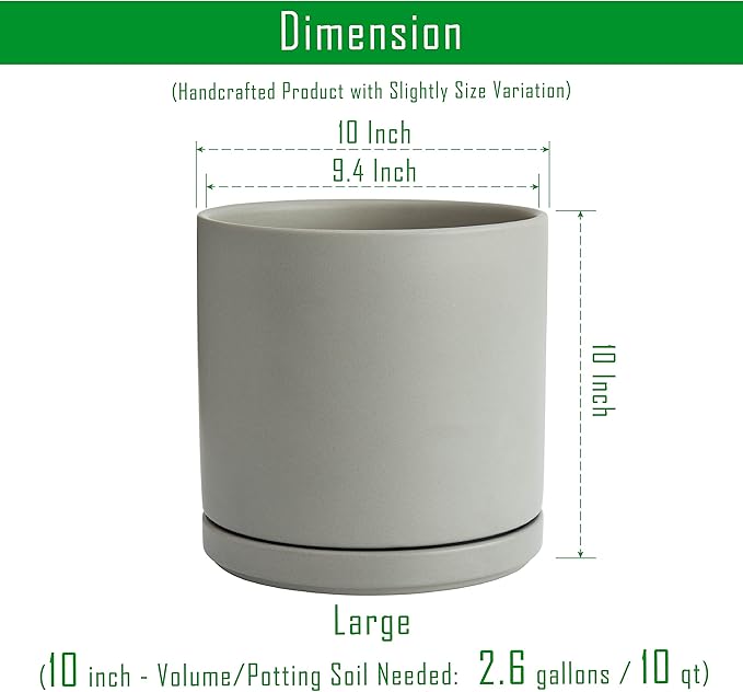 D'vine Dev Set of 2 Plants Pots, 10 Inch Ceramic Planter Pot for Plants with Drainage Hole and Saucer, Speckled Grey, 94-V-E-3 - Bloomnest