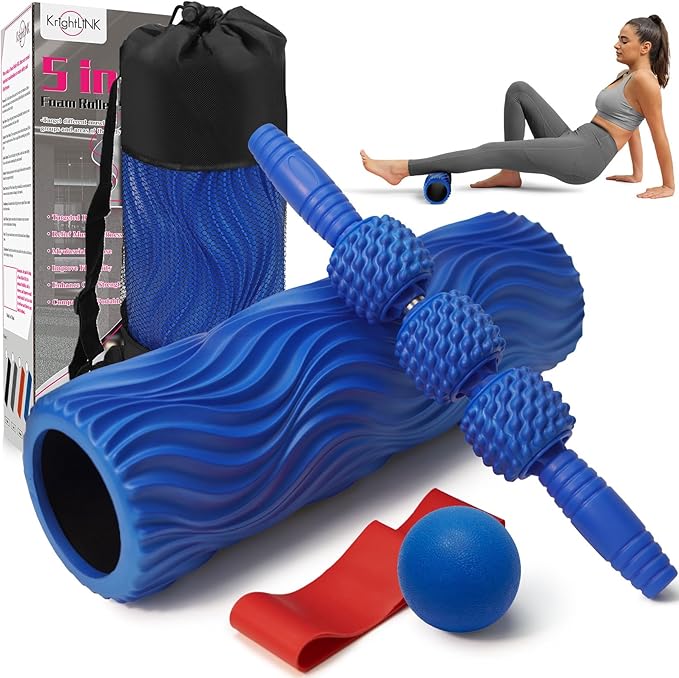 5-in-1 Foam Roller Set, Massage Roller Stick, Massage Ball, Resistance Band for Deep Muscle Massage, Trigger Point Release, Pilates, Yoga (Blue-Wave) - Bloomnest