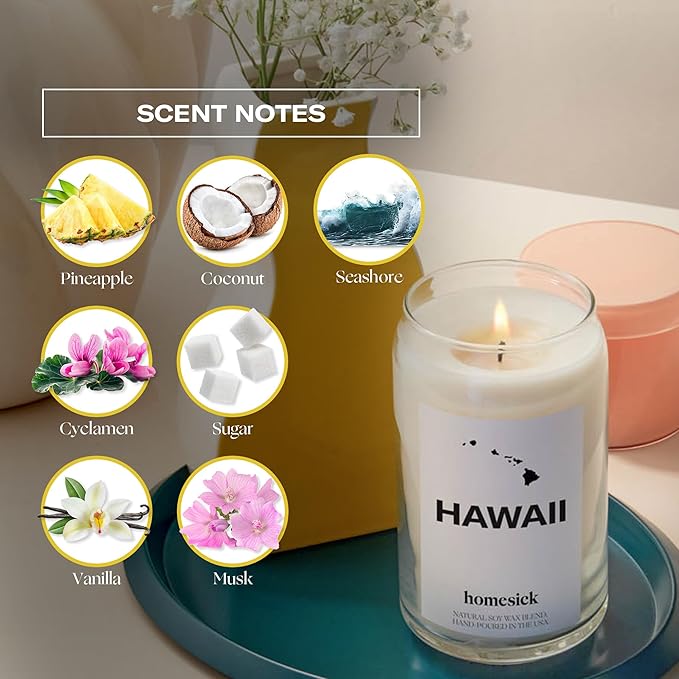 Homesick Scented Candles for Home (Hawaii) - 13.75 oz Long-Lasting Soy Wax Jar Candle for Women & Men for All Occasions, 60-80 Hours Burn Time - Notes of Pineapple & Coconut - Bloomnest