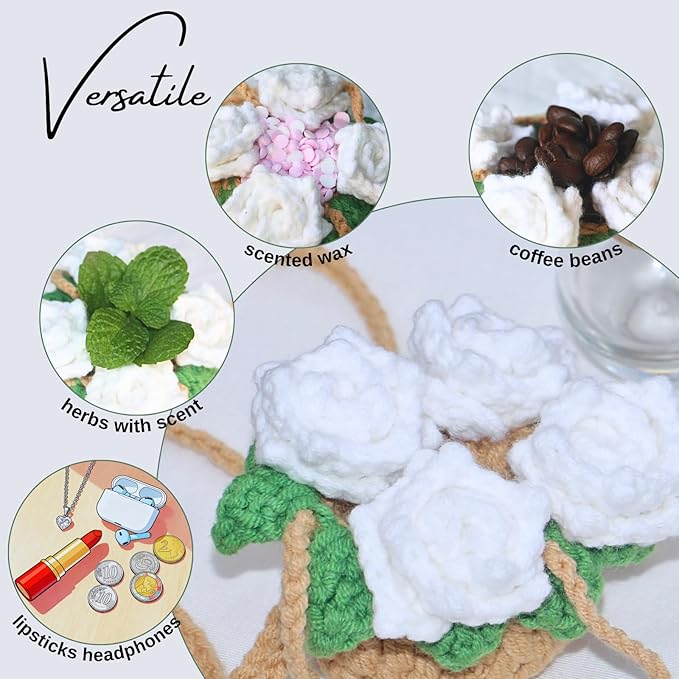 Handmade Crochet Hanging Car Air Freshener - Pure Elegant White Rose Design, 12ml Refillable Thick Glass Bottle, Car Diffuser for Rearview Mirror, Home & Office Minimalist Decor - Bloomnest