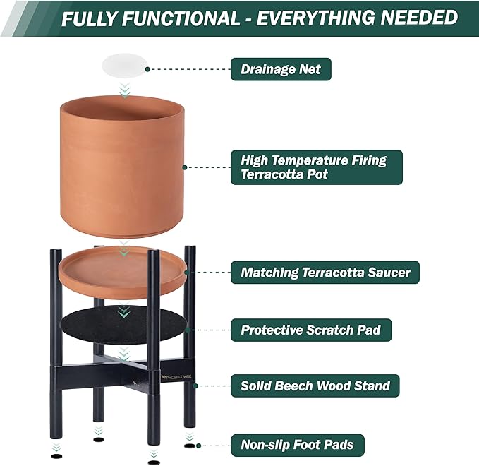 D'vine Dev Terracotta Planter with Ebony Stand - 10 Inch Modern Round Flower Pot with Wood Planter Holder, Terracotta, 55-B-L-5 - Bloomnest