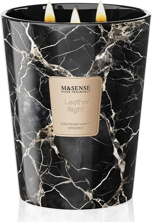 M&SENSE LeatherNight Scented Candles for Home, 3-Wick Highly Scented Jar Candles, Extra Large Candle 35 Oz 150 Hours Long Lasting Burning, Relaxing Aromatherapy Candle for Stress Relief, Meditation - Bloomnest
