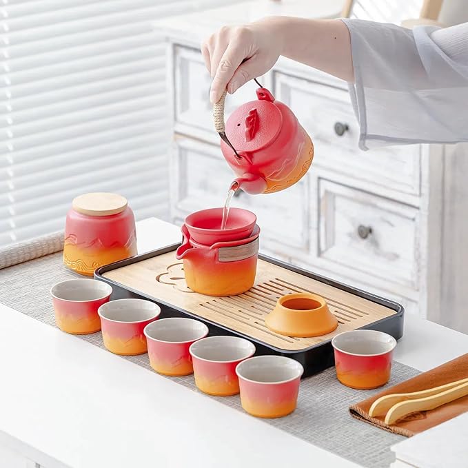 ICHAG Chinese Tea Set, Japanese Tea Sets for Adults, 15-Piece Porcelain Gongfu Tea Set with Tea Pet & Tea Tray, Japanese Teapot Set, Travel Tea Party Set, for Home/Office/Outdoor/Gifts (Red) - Bloomnest