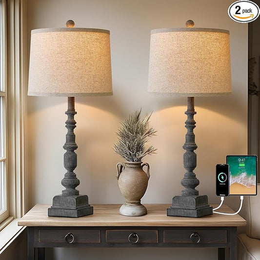 Oneach 27.75" Vintage Farmhouse USB A+C Table Lamps Set of 2 for Living Room Traditional Bedside Lamps for Bedroom Office Mid Century Table Lamp Antique Grey Accent Rustic Lamps for End Table - Bloomnest