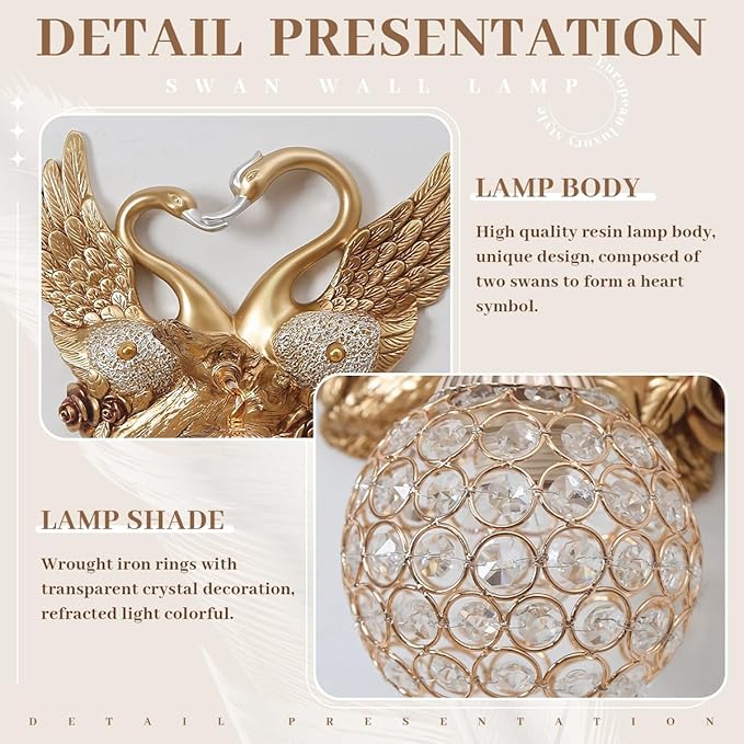 Vintage Swan Wall Sconce with Crystal Beaded Lampshade, Luxury Indoor Resin Animal Wall Sconce Light Creative Heart Shaped Wall Mount Light Fixtures for Bedroom Living Room Hallway Deco (Gold) - Bloomnest