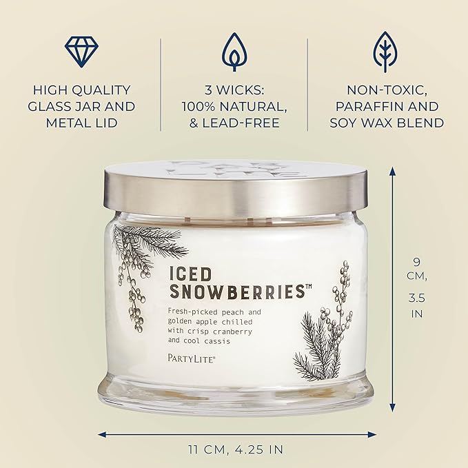 PartyLite Iced Snowberries Scented, Notes of Apple, Cassis, Cranberry, Peach, Strawberry, Berry, Vanilla & Musk,13.2oz 3-Wick Jar Candle, 45 Hour Burn Time, Luxurious Fragrance, Perfect for Gifting - Bloomnest