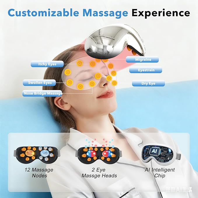 Eye Massager with Heat and Cooling for Migraines – 14 Massage Nodes for Eye Strain Relief, Rechargeable Bluetooth Music, Improve Sleep,Eye Strain Relief, Birthday Gifts for Women and Men(sliver) Bloomnest