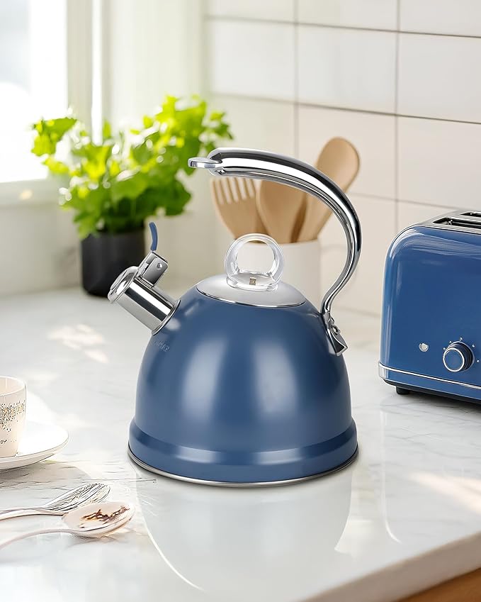 Harriet Tea Kettle Stovetop, 2.5 Quart Whistling Stainless Steel Tea Pot, 3-Layer Base, Unique Ergonomic Handle, Includes Pot Holder & Mat, Electric/Induction/Gas Stovetops Applicable, Blue